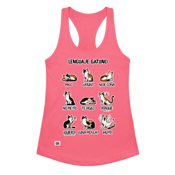 Camiseta de gatos para mujer LENGUAJE GATUNO en color rosa eléctrico, vista plana