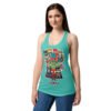 Camiseta de gatos para mujer LIGA MIAU en color azul tahití, sobre modelo