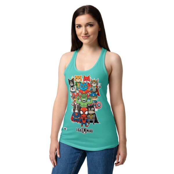 Camiseta de gatos para mujer LIGA MIAU en color azul tahití, sobre modelo
