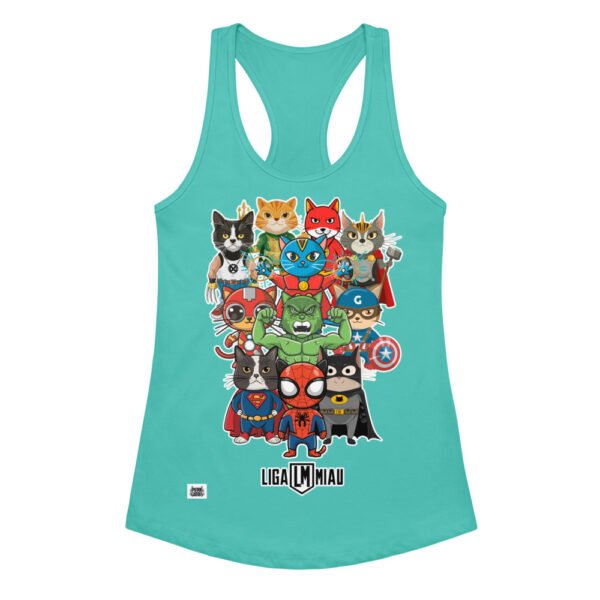Camiseta de gatos para mujer LIGA MIAU en color azul tahití, vista plana