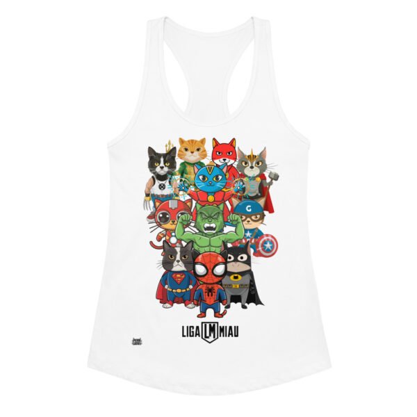 Camiseta de gatos para mujer LIGA MIAU en color blanco, vista plana