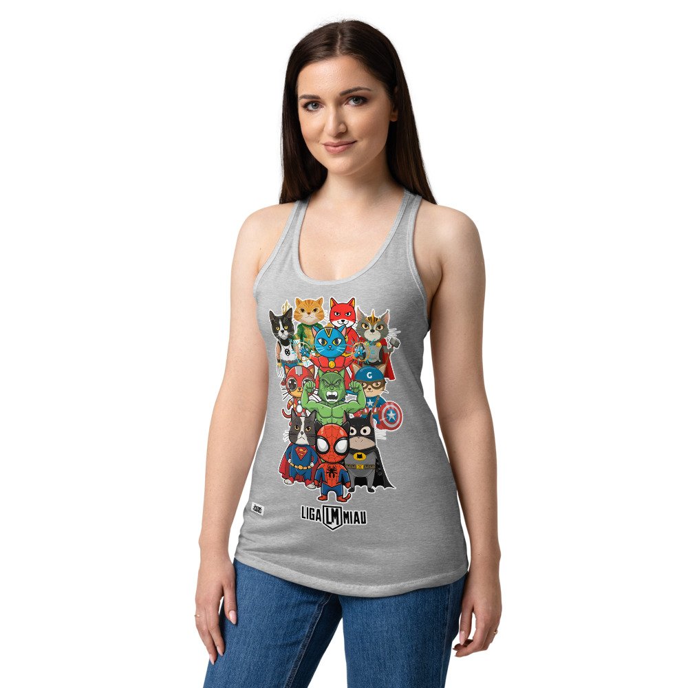 Camiseta de gatos para mujer LIGA MIAU en color gris jaspeado, sobre modelo