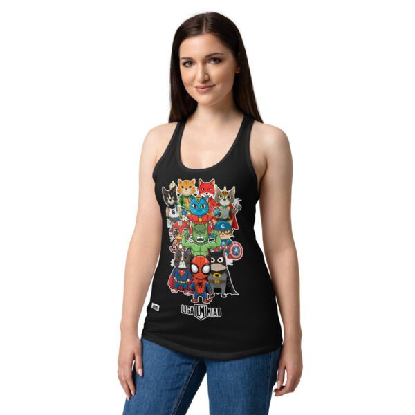 Camiseta de gatos para mujer LIGA MIAU en color negro, sobre modelo