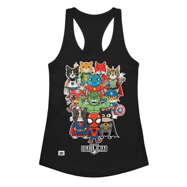 Camiseta de gatos para mujer LIGA MIAU en color negro, vista plana