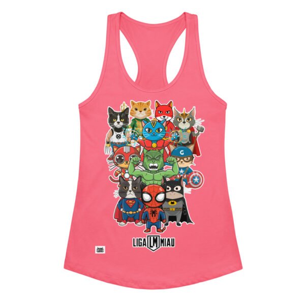 Camiseta de gatos para mujer LIGA MIAU en color rosa eléctrico, vista plana