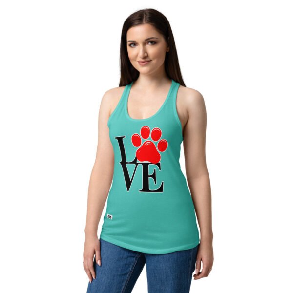 Camiseta de gatos para mujer LOVE en color azul tahití, sobre modelo