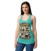 Camiseta de gatos para mujer MANTENIMIENTO DEL HUMANO en color azul tahití, sobre modelo