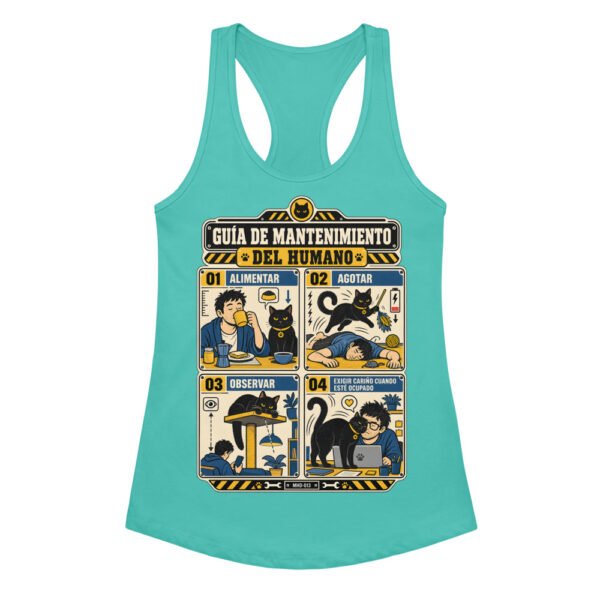 Camiseta de gatos para mujer MANTENIMIENTO DEL HUMANO en color azul tahití, vista plana