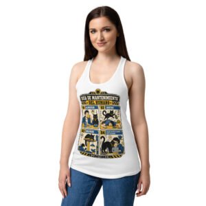 Camiseta de gatos para mujer MANTENIMIENTO DEL HUMANO en color blanco, sobre modelo