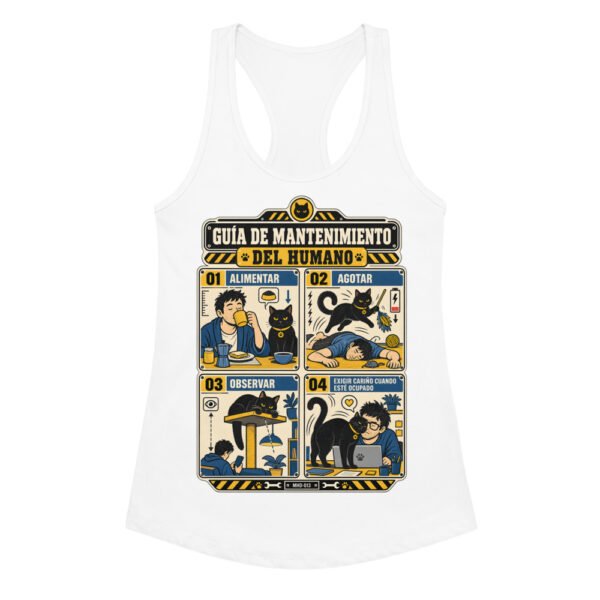 Camiseta de gatos para mujer MANTENIMIENTO DEL HUMANO en color blanco, vista plana
