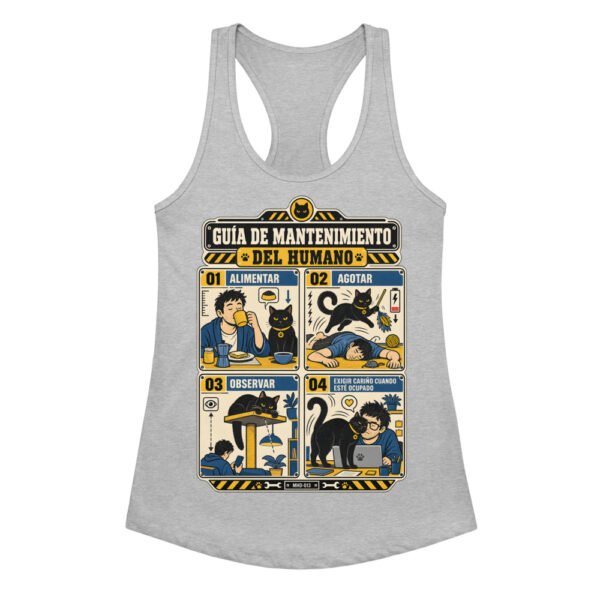 Camiseta de gatos para mujer MANTENIMIENTO DEL HUMANO en color gris jaspeado, vista plana