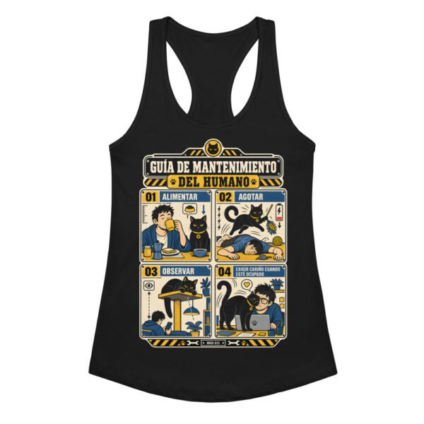 Camiseta de gatos para mujer MANTENIMIENTO DEL HUMANO en color negro, vista plana