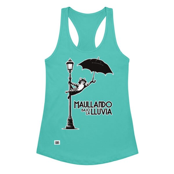 Camiseta de gatos para mujer MAULLANDO BAJO LA LLUVIA en color azul tahití, vista plana