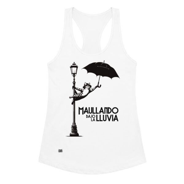 Camiseta de gatos para mujer MAULLANDO BAJO LA LLUVIA en color blanco, vista plana