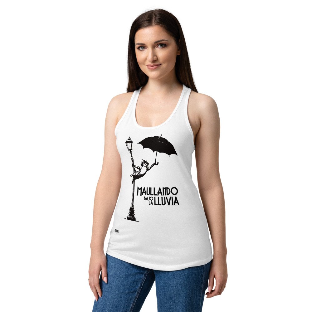 Camiseta de gatos para mujer MAULLANDO BAJO LA LLUVIA en color blanco, sobre modelo