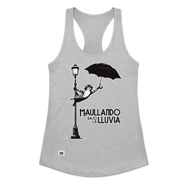 Camiseta de gatos para mujer MAULLANDO BAJO LA LLUVIA en color gris jaspeado, vista plana