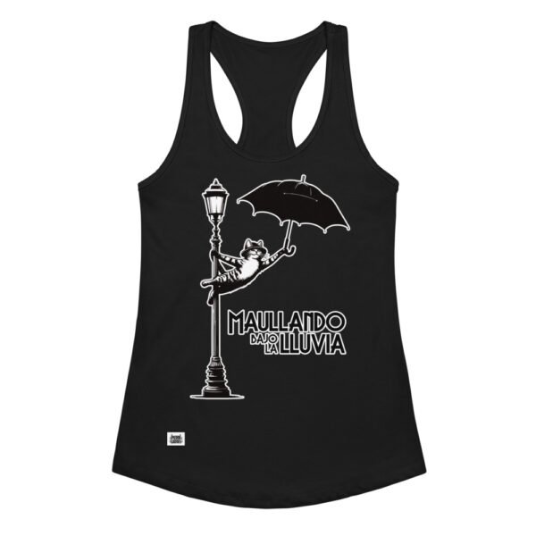 Camiseta de gatos para mujer MAULLANDO BAJO LA LLUVIA en color negro, vista plana