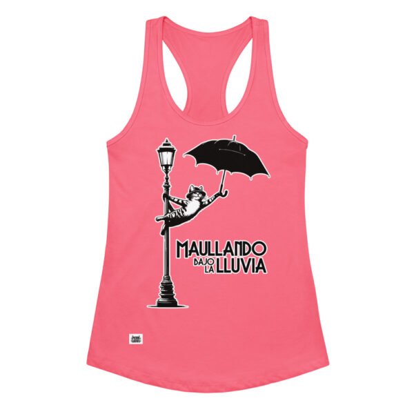 Camiseta de gatos para mujer MAULLANDO BAJO LA LLUVIA en color rosa eléctrico, vista plana