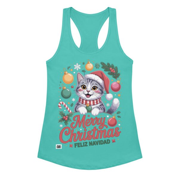 Camiseta de gatos para mujer MERRY CHRISTMAS GATUNO en color azul tahití, vista plana