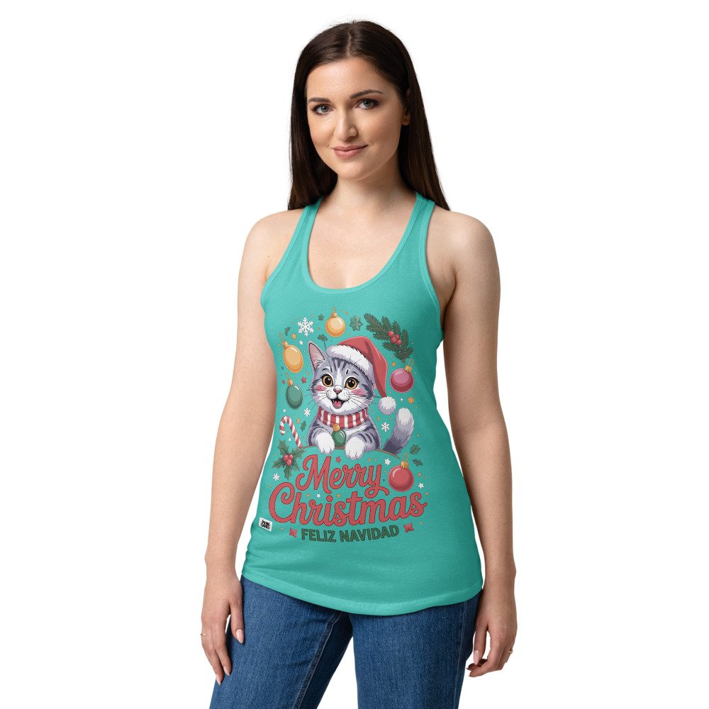 Camiseta de gatos para mujer MERRY CHRISTMAS GATUNO en color azul tahití, sobre modelo