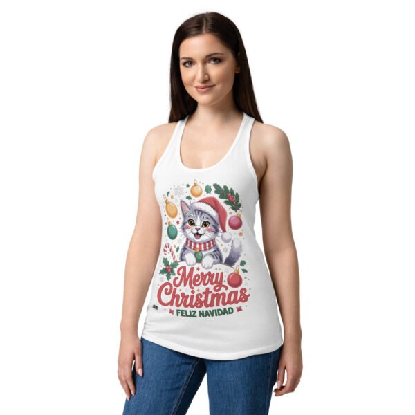 Camiseta de gatos para mujer MERRY CHRISTMAS GATUNO en color blanco, sobre modelo