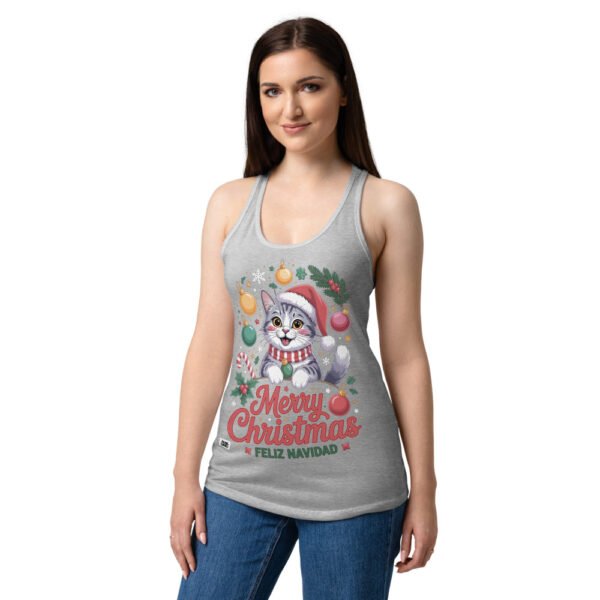 Camiseta de gatos para mujer MERRY CHRISTMAS GATUNO en color gris jaspeado, sobre modelo