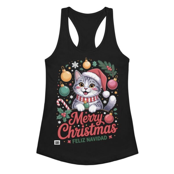 Camiseta de gatos para mujer MERRY CHRISTMAS GATUNO en color negro, vista plana