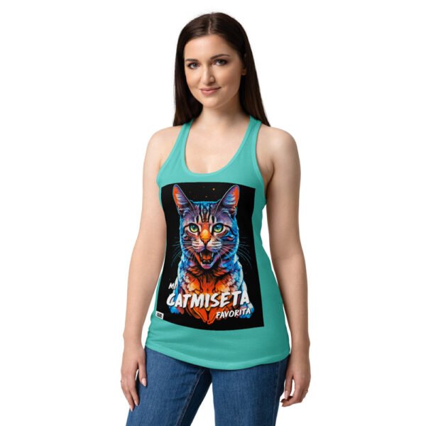Camiseta de gatos para mujer MI CATMISETA FAVORITA en color azul tahití, sobre modelo