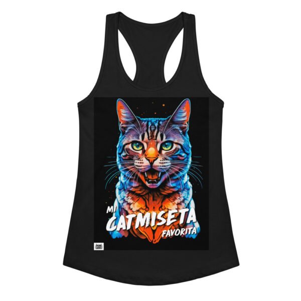 Camiseta de gatos para mujer MI CATMISETA FAVORITA en color negro, vista plana