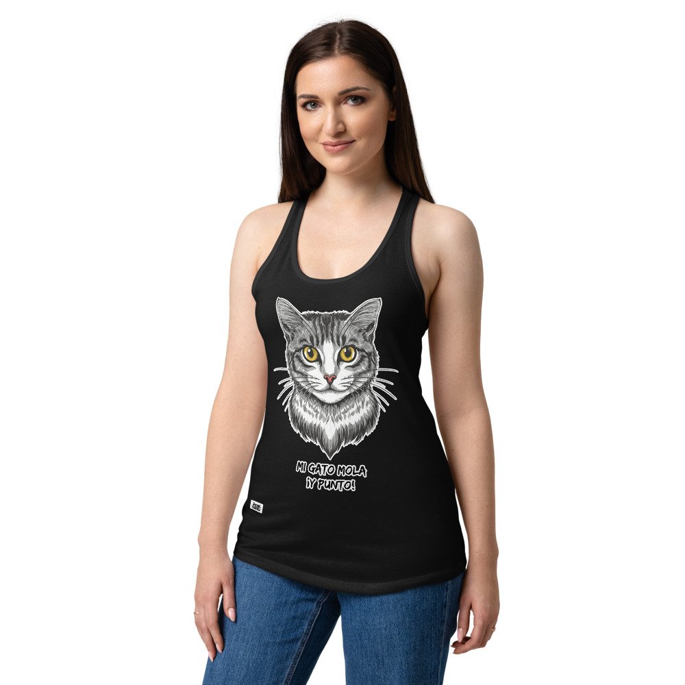Camiseta de gatos para mujer MI GATO MOLA Y PUNTO en color negro, sobre modelo
