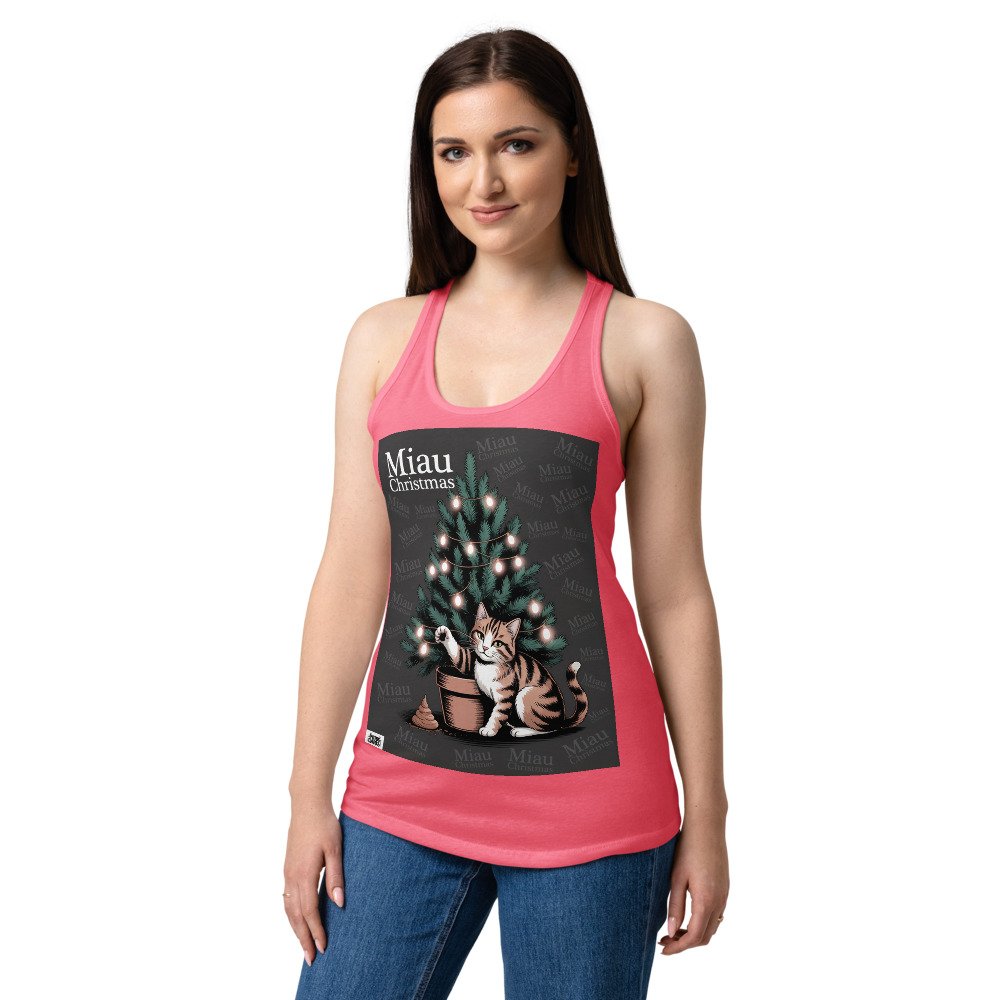 Camiseta de gatos para mujer MIAU CHRISTMAS en color rosa eléctrico, sobre modelo