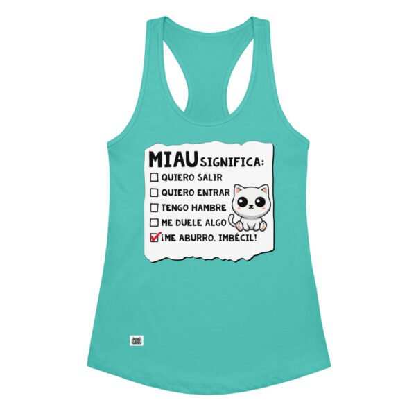Camiseta de gatos para mujer MIAU SIGNIFICA en color azul tahití, vista plana
