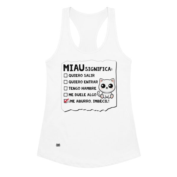 Camiseta de gatos para mujer MIAU SIGNIFICA en color blanco, vista plana