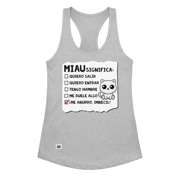 Camiseta de gatos para mujer MIAU SIGNIFICA en color gris jaspeado, vista plana