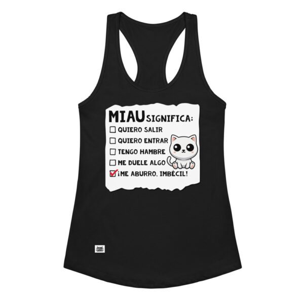 Camiseta de gatos para mujer MIAU SIGNIFICA en color negro, vista plana