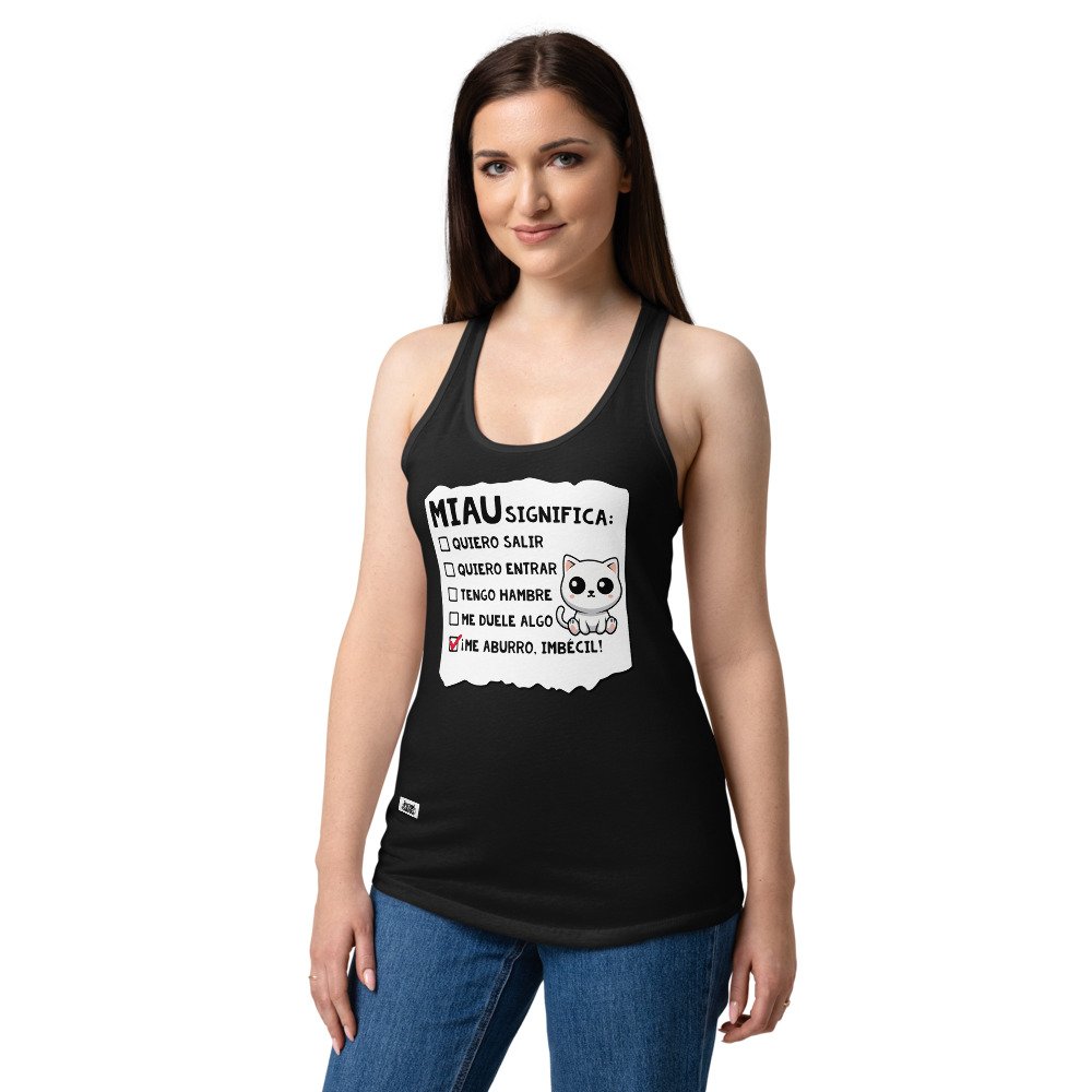 Camiseta de gatos para mujer MIAU SIGNIFICA en color negro, sobre modelo