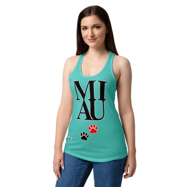 Camiseta de gatos para mujer MIAU en color azul tahití, sobre modelo