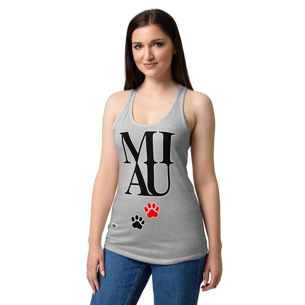 Camiseta de gatos para mujer MIAU en color gris jaspeado, sobre modelo