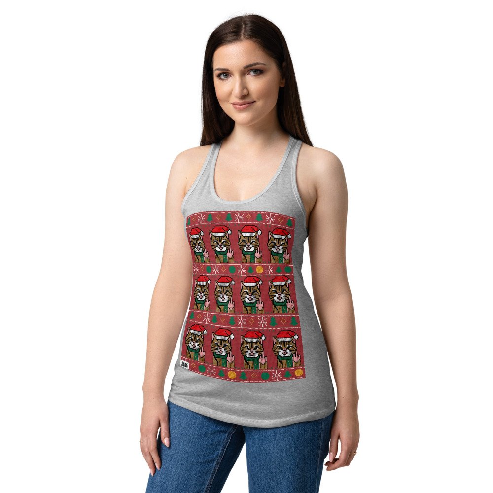 Camiseta de gatos para mujer NAVIDAD HORTERA Nº 3 en color gris jaspeado, sobre modelo