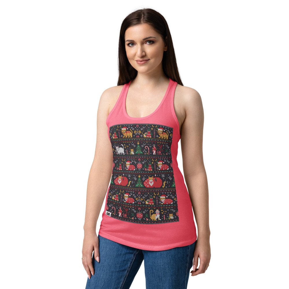 Camiseta de gatos para mujer NAVIDAD HORTERA Nº 4 en color rosa eléctrico, sobre modelo