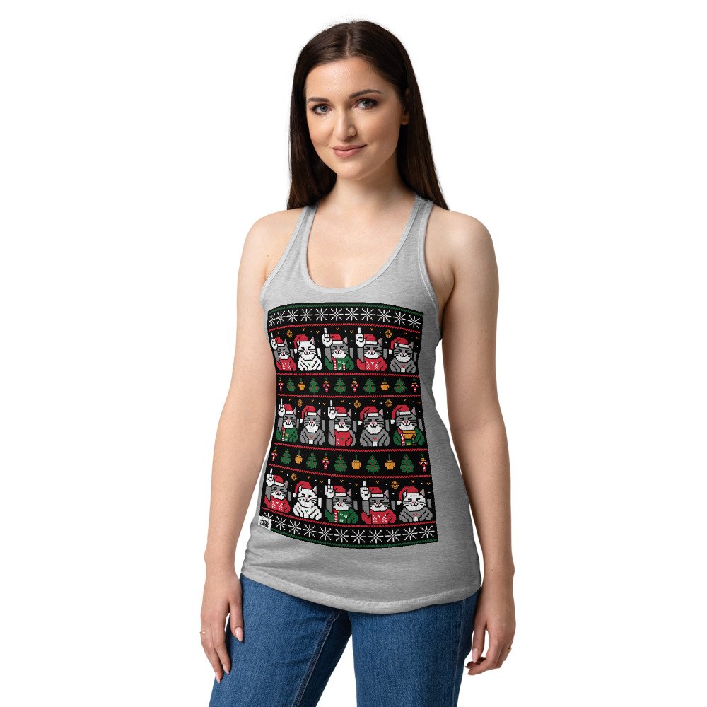 Camiseta de gatos para mujer NAVIDAD HORTERA Nº 6 en color gris jaspeado, sobre modelo