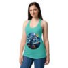 Camiseta de gatos para mujer GATO EN LA NOCHE ESTRELLADA en color azul tahití, sobre modelo