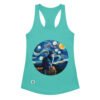 Camiseta de gatos para mujer GATO EN LA NOCHE ESTRELLADA en color azul tahití, vista plana