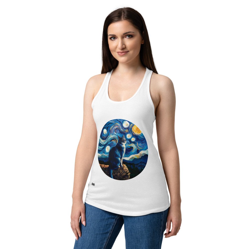 Camiseta de gatos para mujer GATO EN LA NOCHE ESTRELLADA en color blanco, sobre modelo
