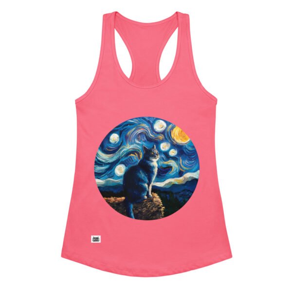 Camiseta de gatos para mujer GATO EN LA NOCHE ESTRELLADA en color rosa eléctrico, vista plana