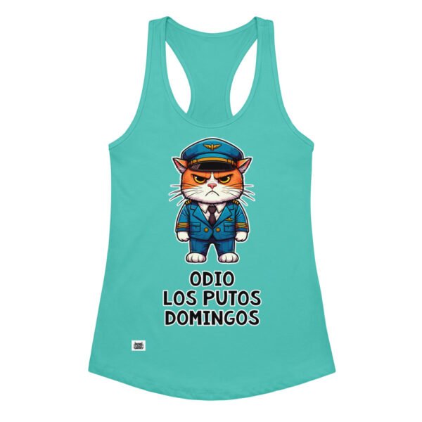 Camiseta de gatos para mujer ODIO LOS PUTOS DOMINGOS en color azul tahití, vista plana