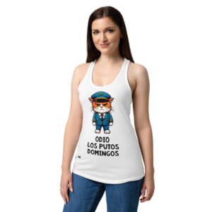 Camiseta de gatos para mujer ODIO LOS PUTOS DOMINGOS en color blanco, sobre modelo