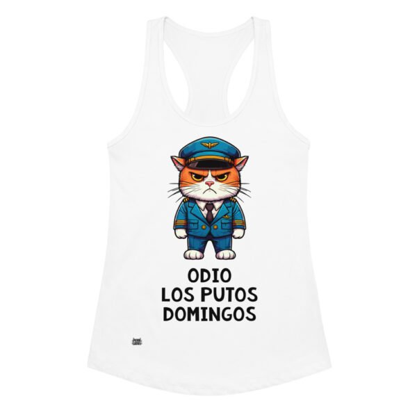 Camiseta de gatos para mujer ODIO LOS PUTOS DOMINGOS en color blanco, vista plana