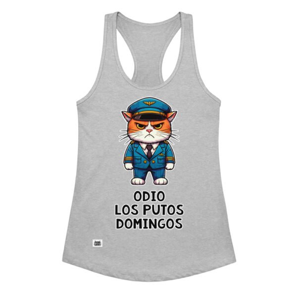 Camiseta de gatos para mujer ODIO LOS PUTOS DOMINGOS en color gris jaspeado, vista plana