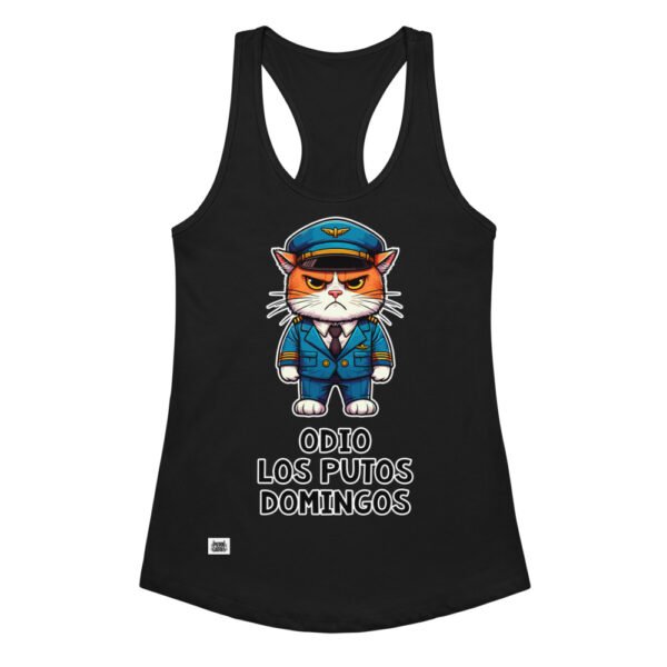 Camiseta de gatos para mujer ODIO LOS PUTOS DOMINGOS en color negro, vista plana